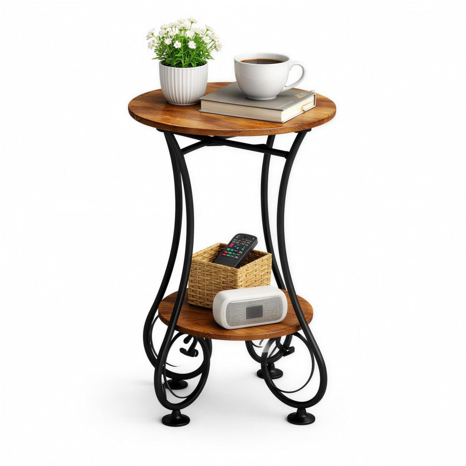 X-cosrack Small Round Side Table with Lower Shelf for Small Spaces, Compact End