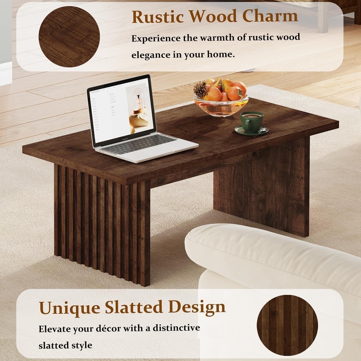 Coffee Table for Living Room, 43Inch Farmhouse Wood Center Table, Rectangle Mid-