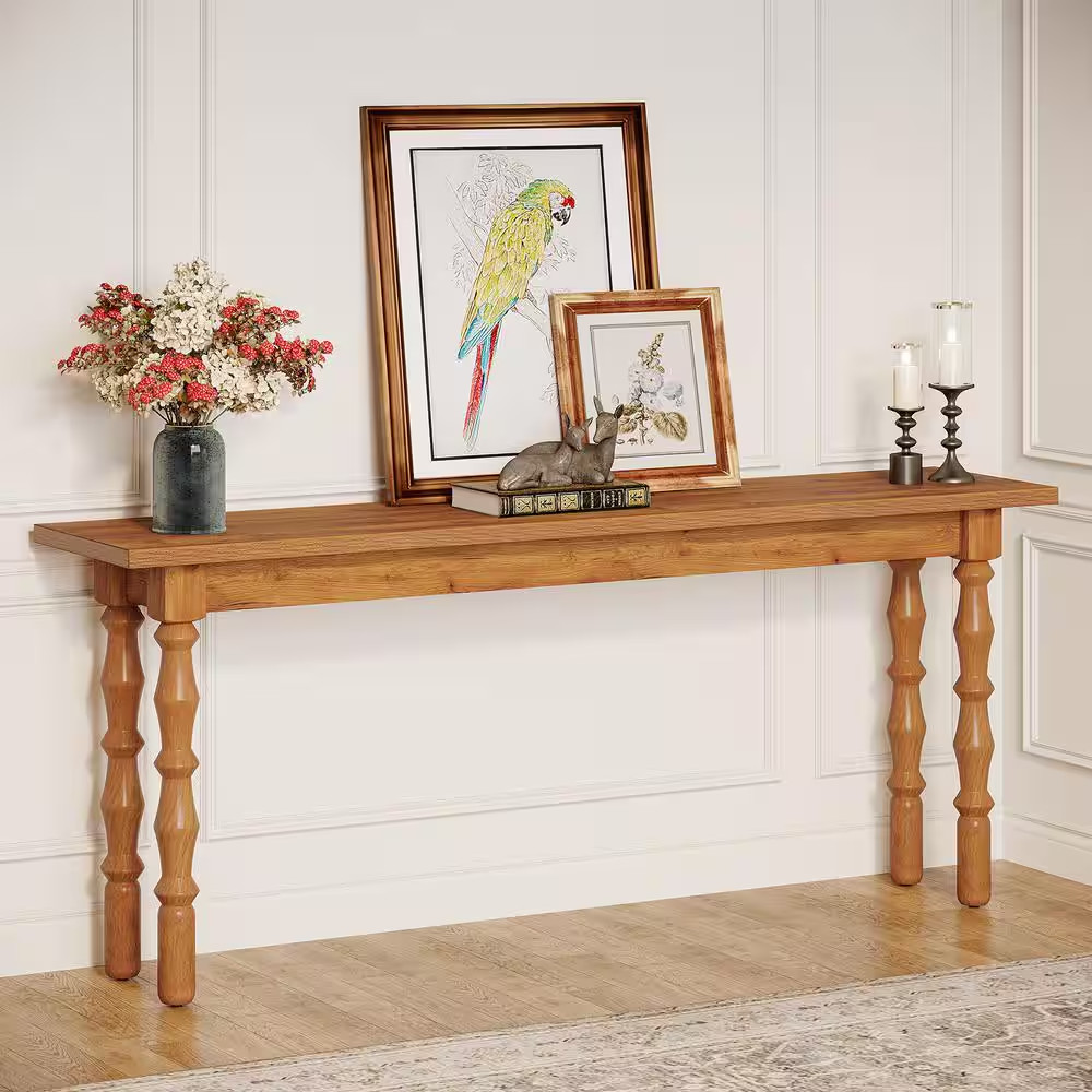 Turrella 70.9 In. Oak Rectangle Engineered Wood Console Table with Solid Wood Le