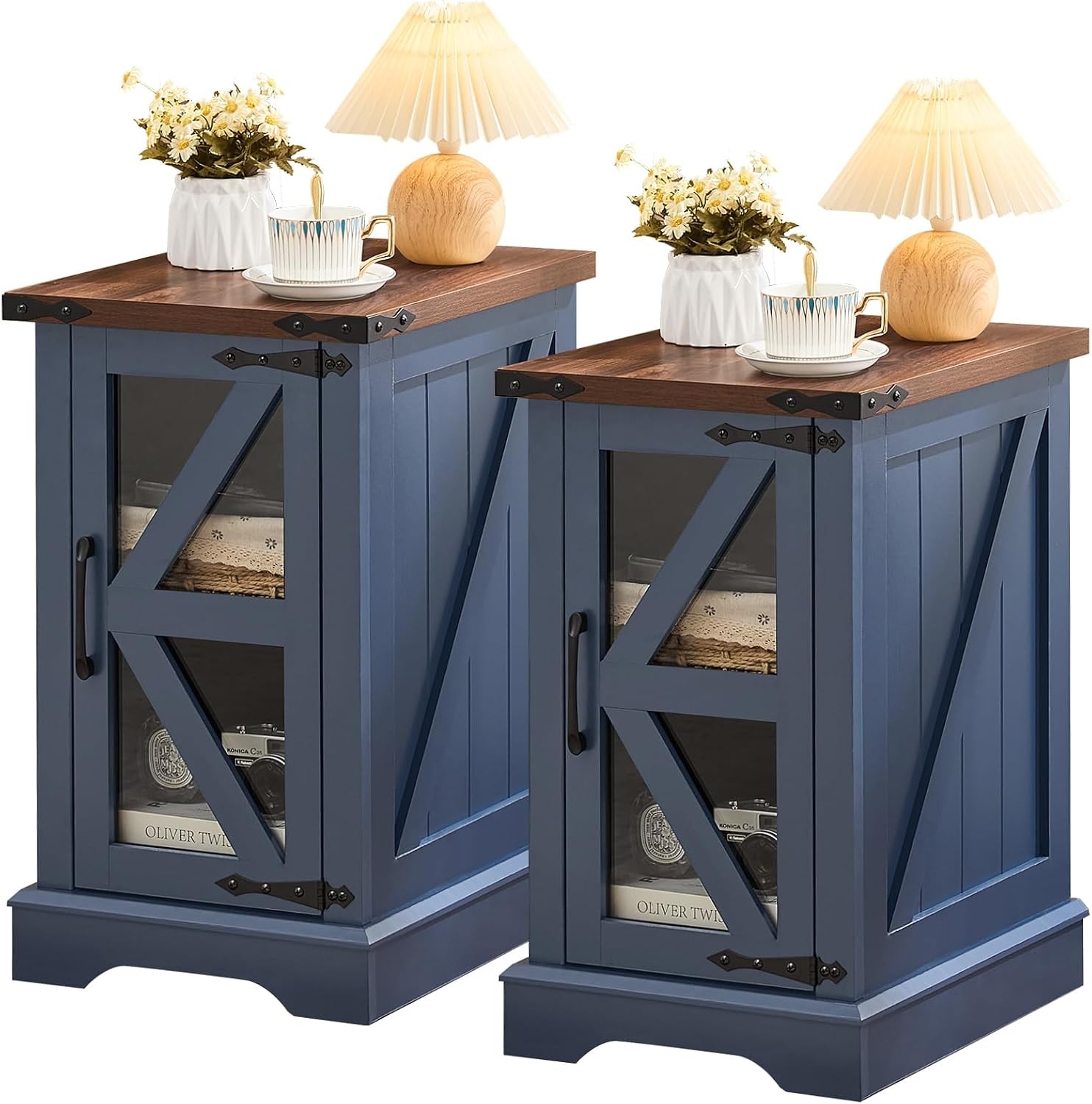 Farmhouse 14” Side End Table Set of 2 Narrow Night Stand with Glass Barn Door