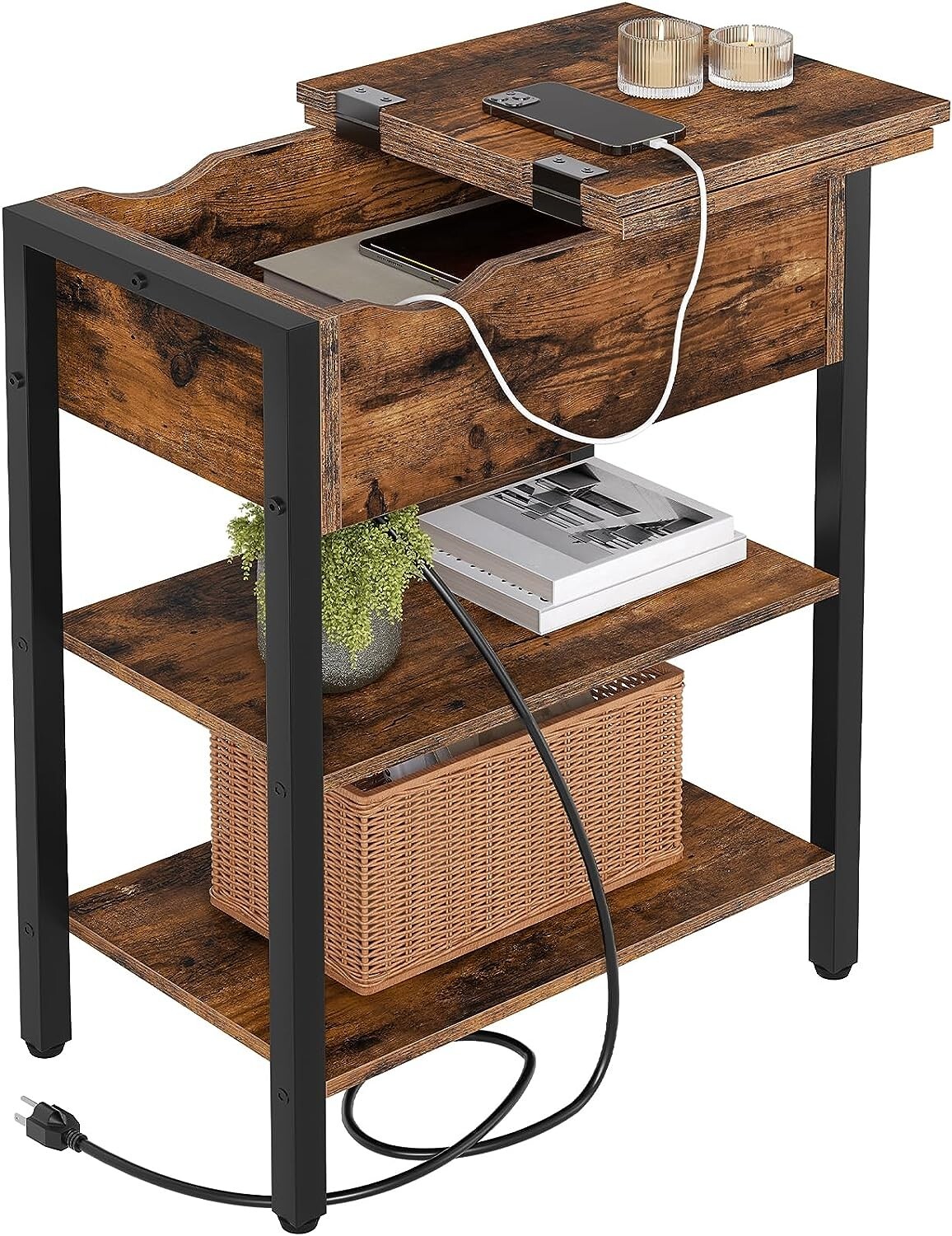 Versatile Rustic Side Table with Charging Station – USB Ports and Outlets