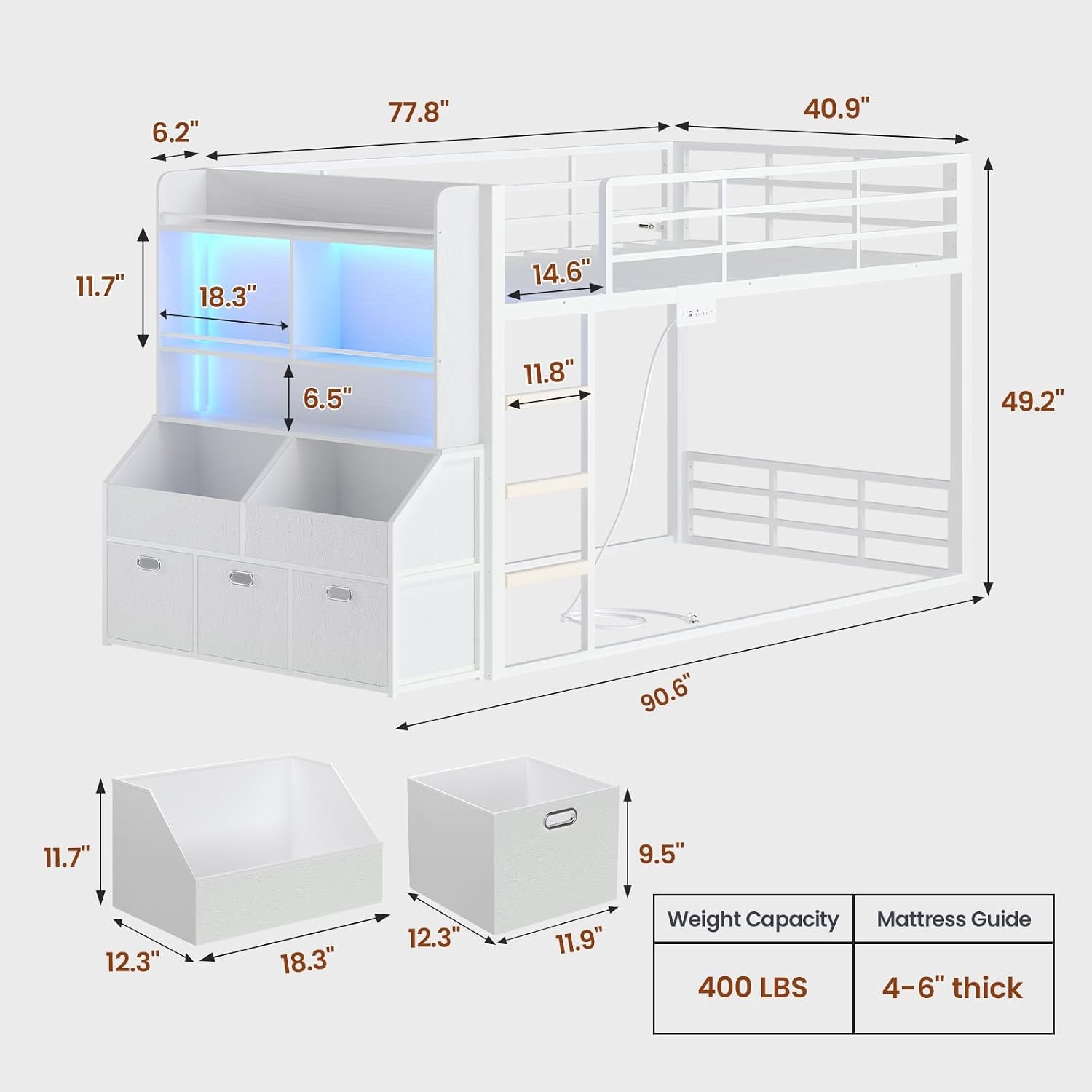 Low Bunk Bed Twin Size with Bookshelf, Toy Organizer & Storage Drawers, Metal