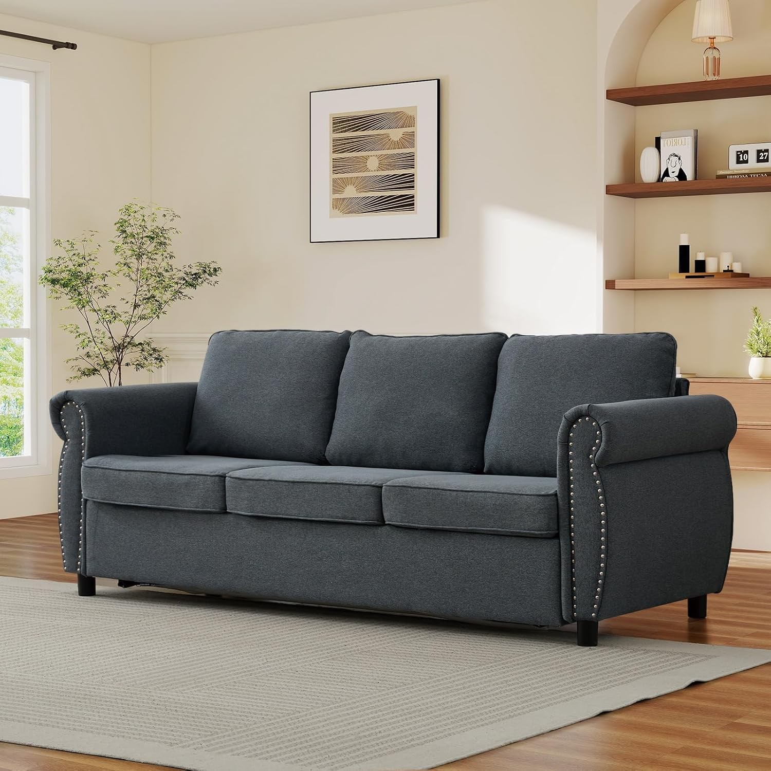 79.5″ Full Size Convertible Pull Out Sofa Bed Upholstered Couch w/ Nailhead Trim
