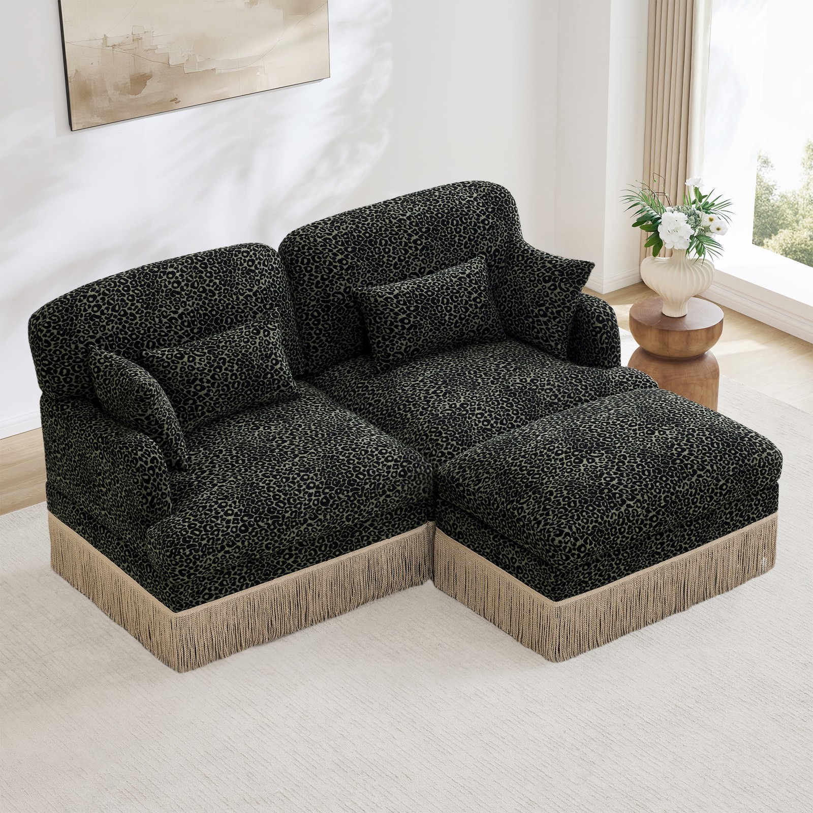 Comfy Chenille Leopard Printing Loveseat Sofa Modern Deep Seat Couch Green