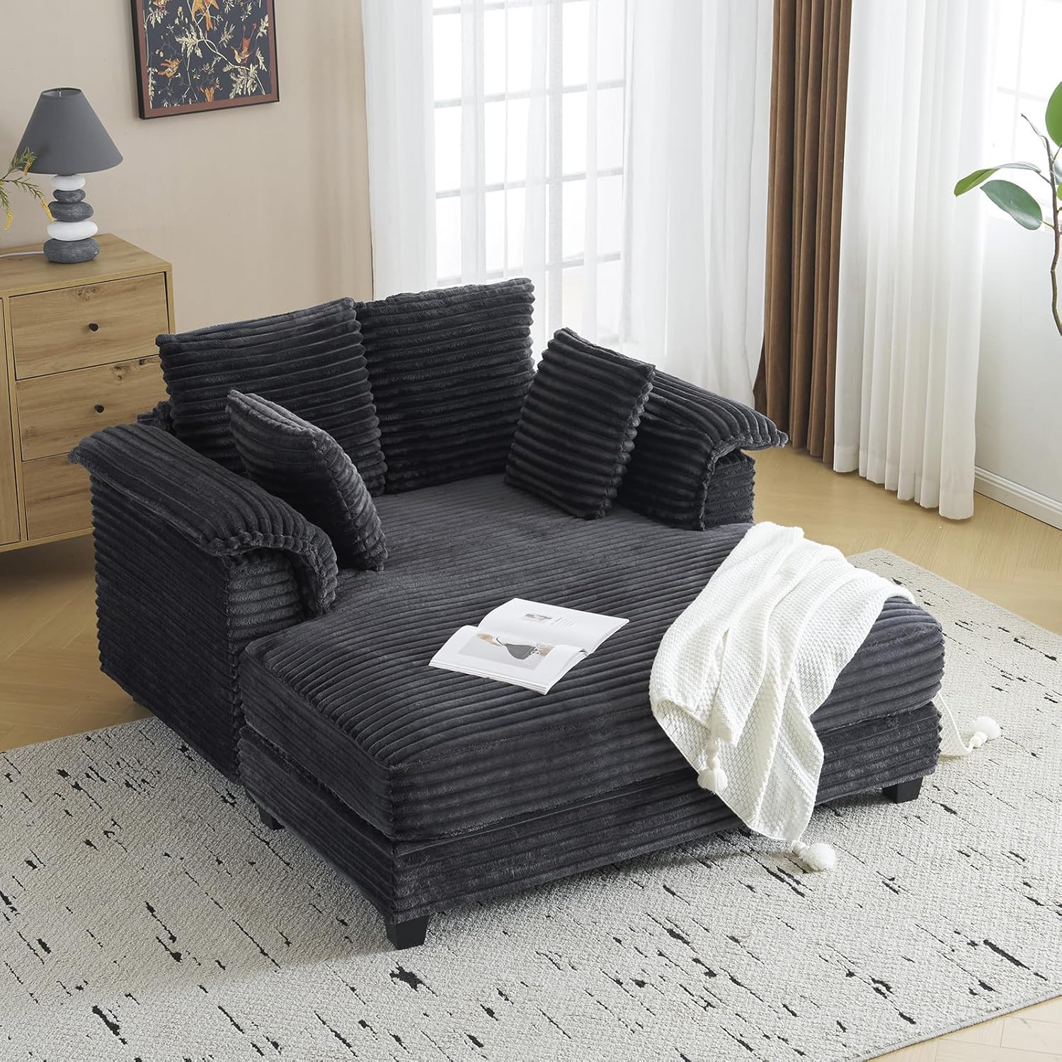56″ Oversized Dark Grey Chaise Lounge Chair with Pillows for Living Room & Bedro