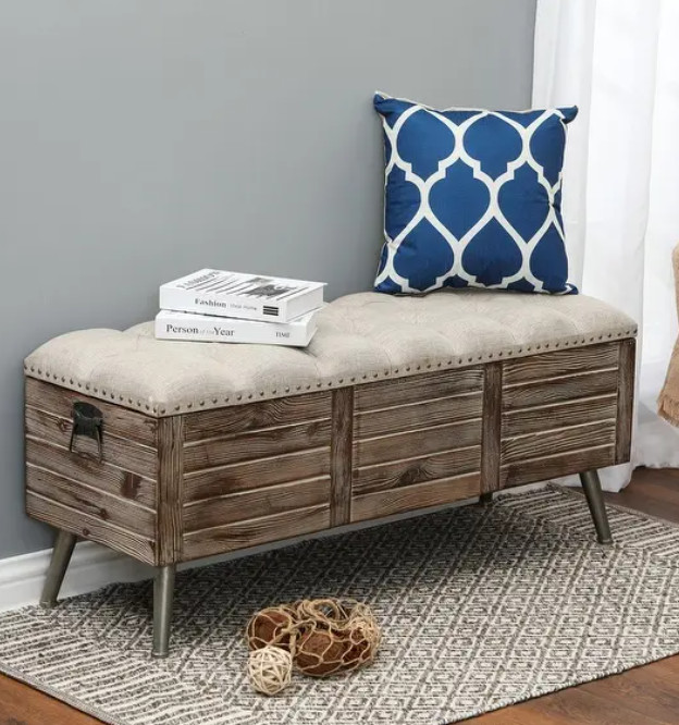 Upholstered Wood Storage Bench Beige Brown Natural Finish Rustic Country Soli