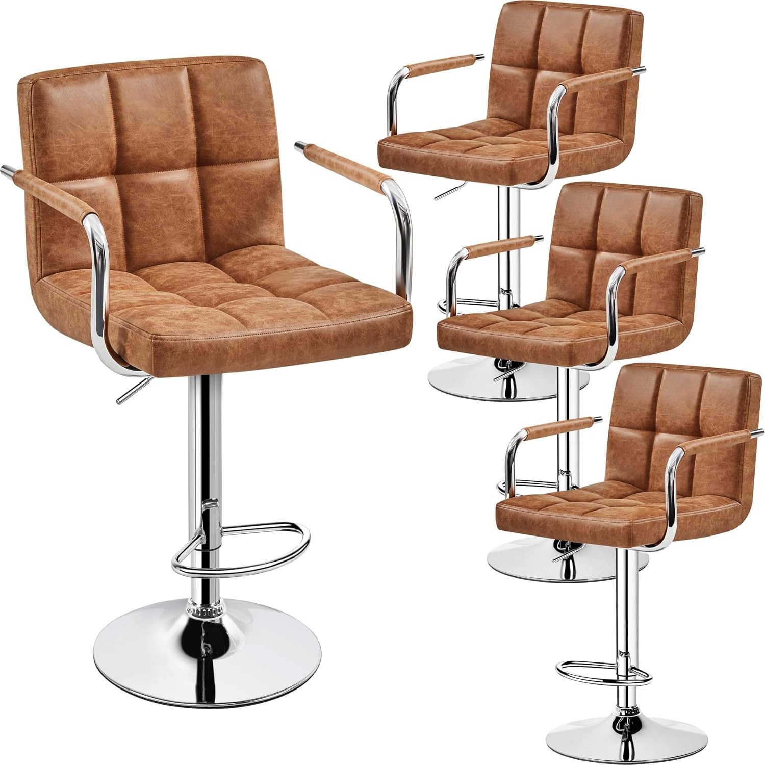 Bar Stools Set of 2 Adjustable PU Leather Swivel Barstools Modern Counter Stools