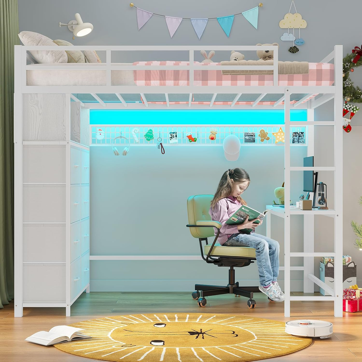 Twin Size Loft Bed with Desk and 8 Storage Drawers, Metal Kids Loft Bed Twin wit