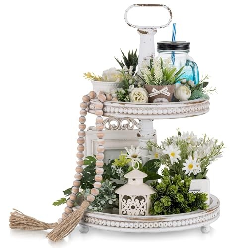 Two Tiered Tray Stand: Boho Spring 2 Tier Decorative Trays – White Washed
