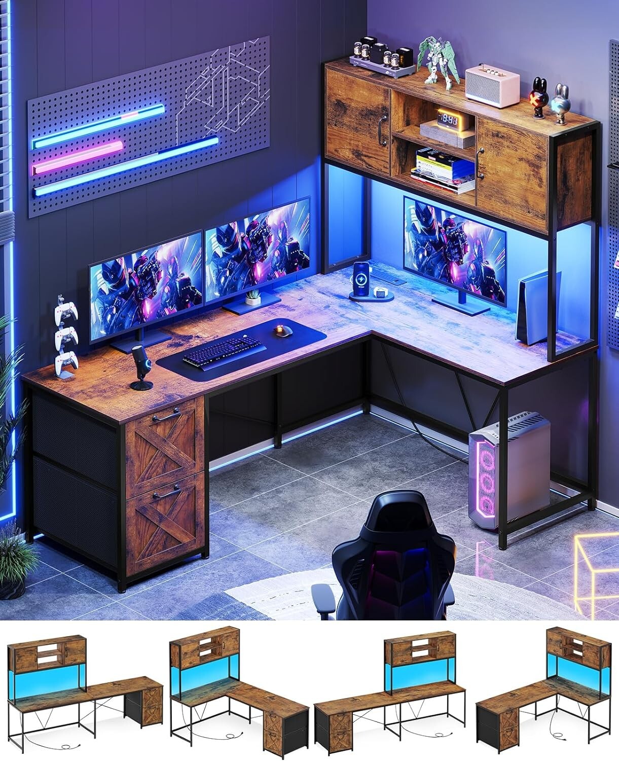L Shaped Desk with Drawers and LED Lights, 62.2″ Home Office Desk with Hutch