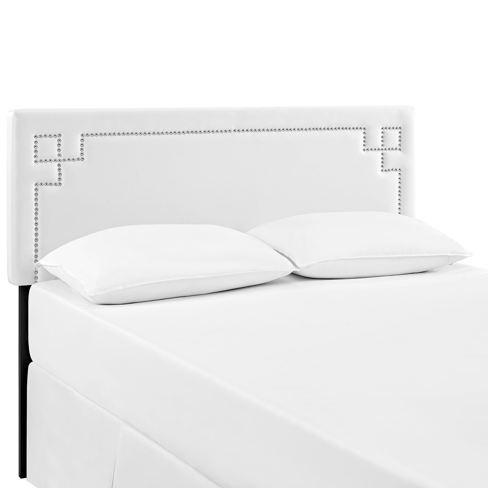 Art Deco Nailhead Trim White Upholstered Faux Leather Square Queen Headboard