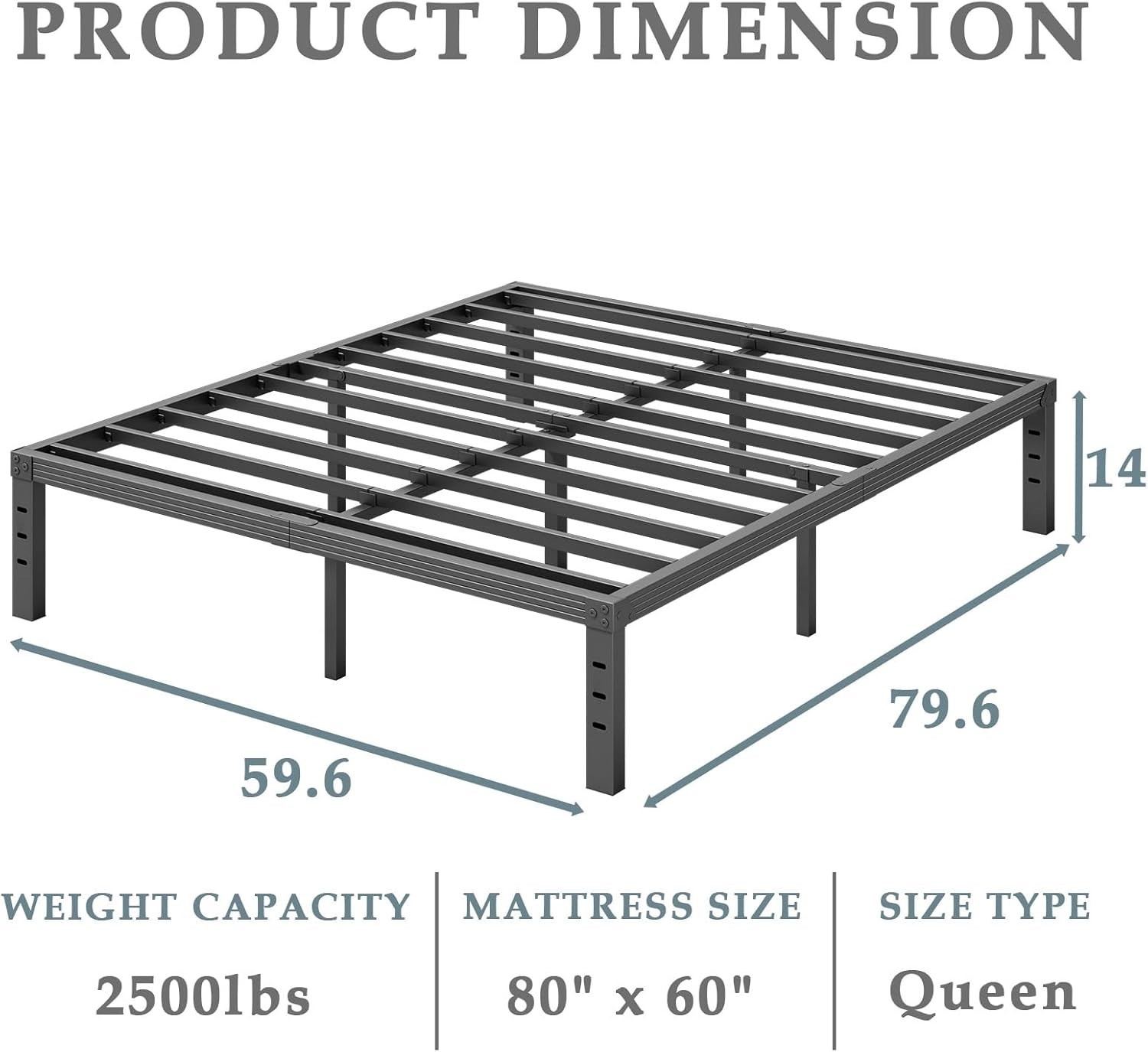 Heavy Duty 14 Inch Queen Bed Frame – Squeak Resistant, Easy Assembly in Black