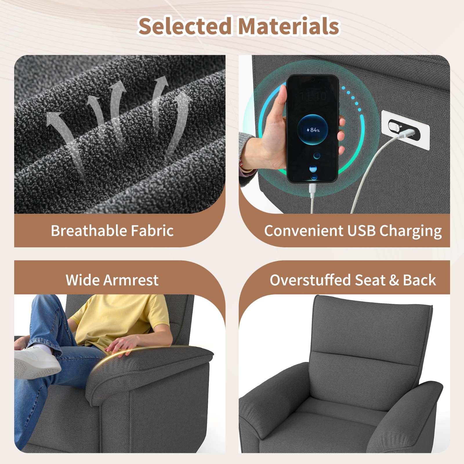 Small Spaces Power Recliner Chair Zero Wall Electric Reclining Sofa USB Port RV