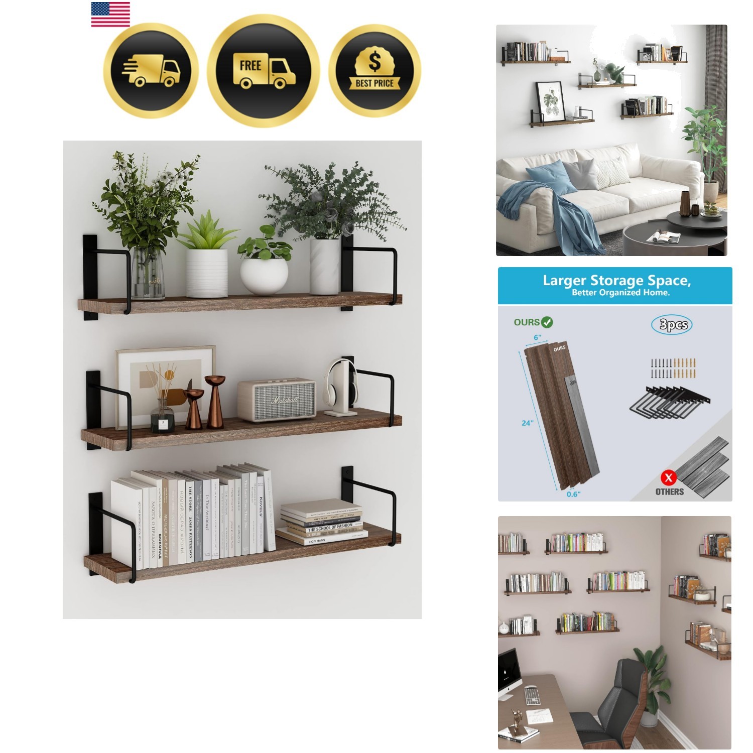 Floating Shelves, 24 Inches Easy to Install Wall Mounted Shelves, Set of 3, R…