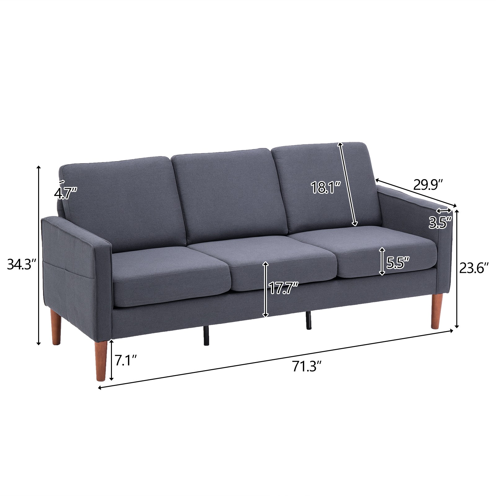 Linen Solid Wood Legs 3 Seats Without Chaise Concubine Modular Sofa Dark Grey