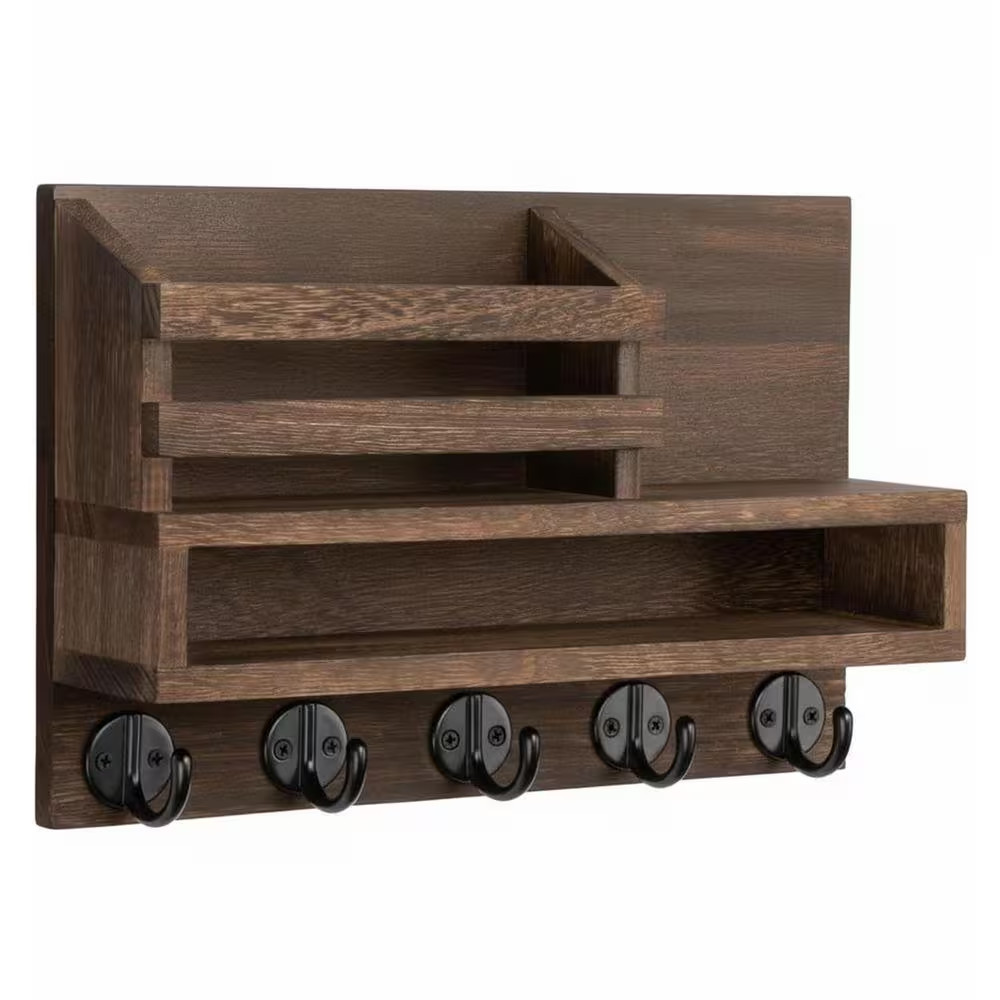 11.81 In. W X 3.15 In. D Brown Wood Decorative Wall Shelf Key and Mail Holder wi