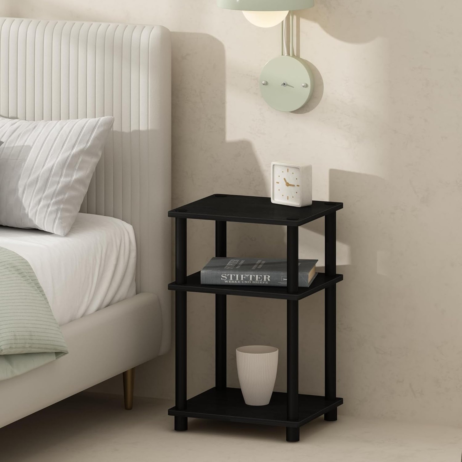 Nightstand 3-Tier Turn-N-Tube Open Storage Plastic Poles Americano Black Bedroom