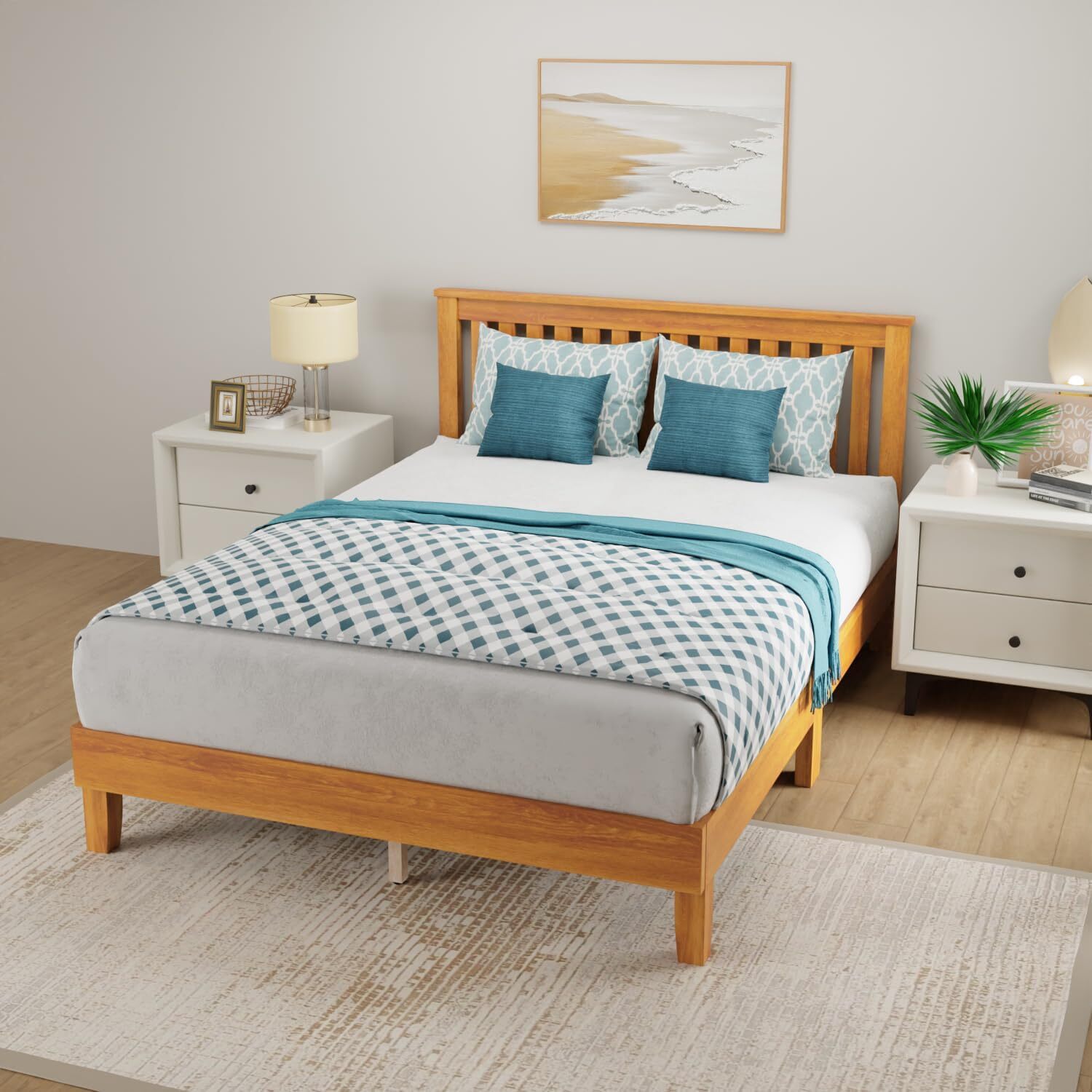 Wood Platform Bed Frame Solid Wood Foundation/Wood Slats Support with Headboard