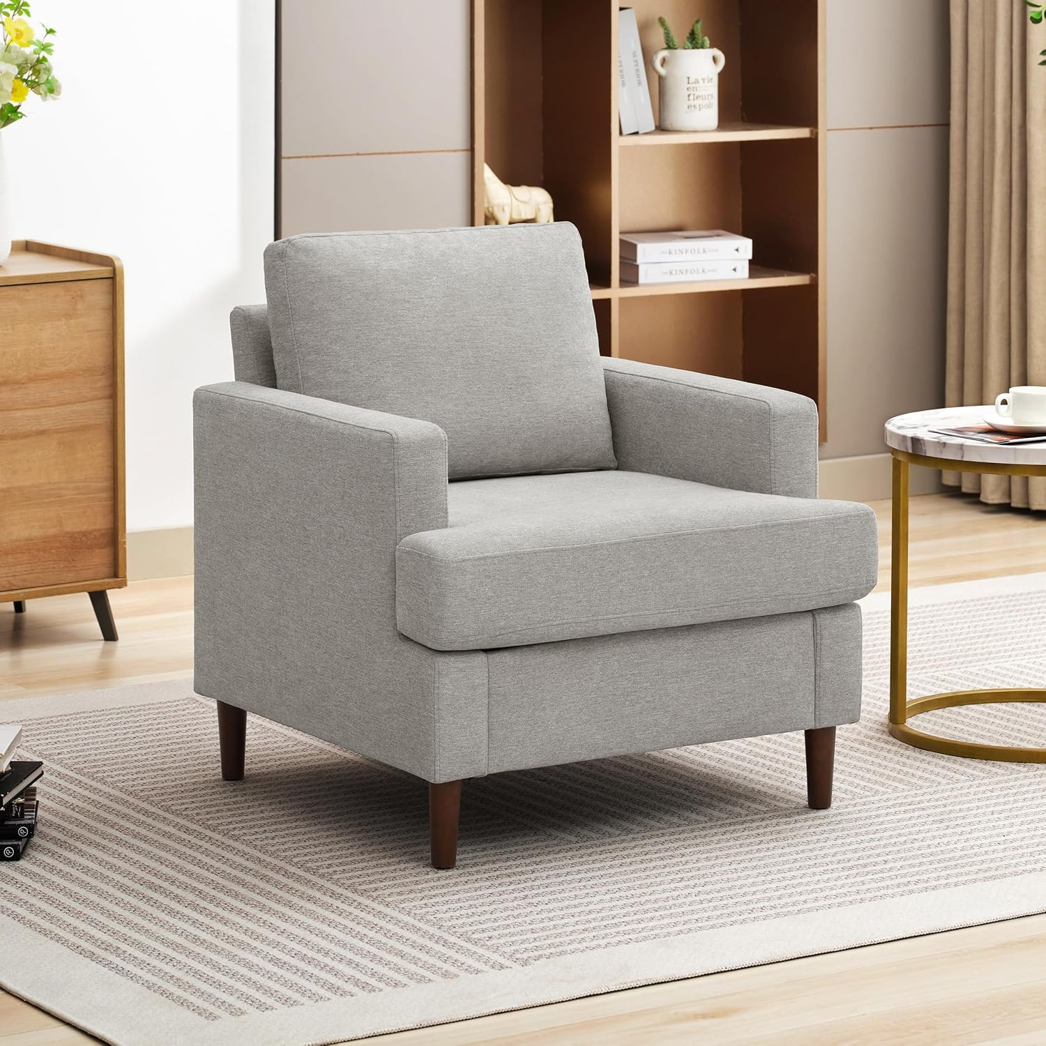Mid-Century Modern Linen Accent Chair for Living Room & Bedroom – Light Grey