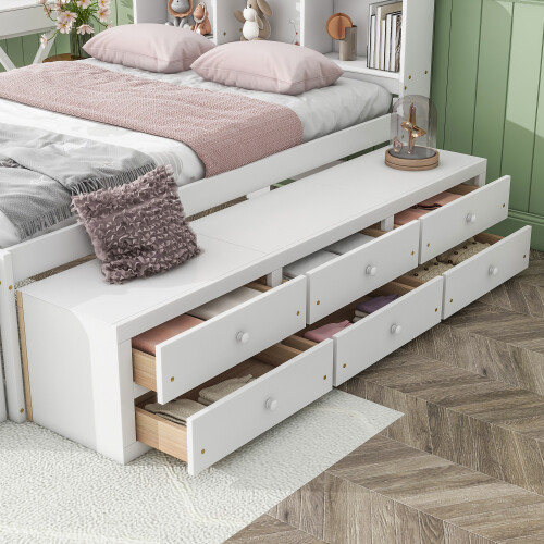 Solid Wood Platform Bed with Storage Drawers & Bookcase Headboard Full Size Beds