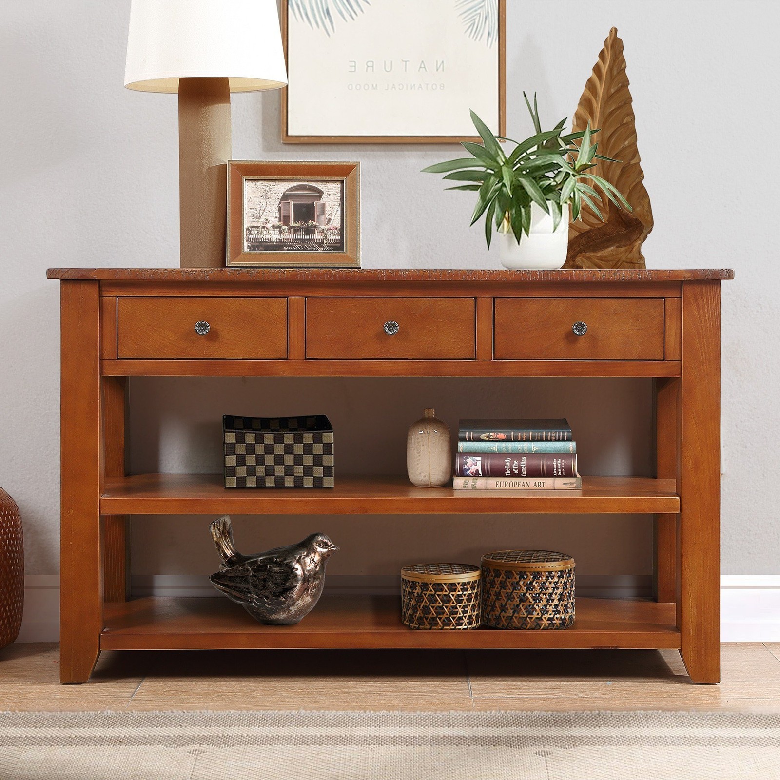 48” Solid Pine Wood Top Console Table,Modern Entryway Sofa Side Table w/Drawer