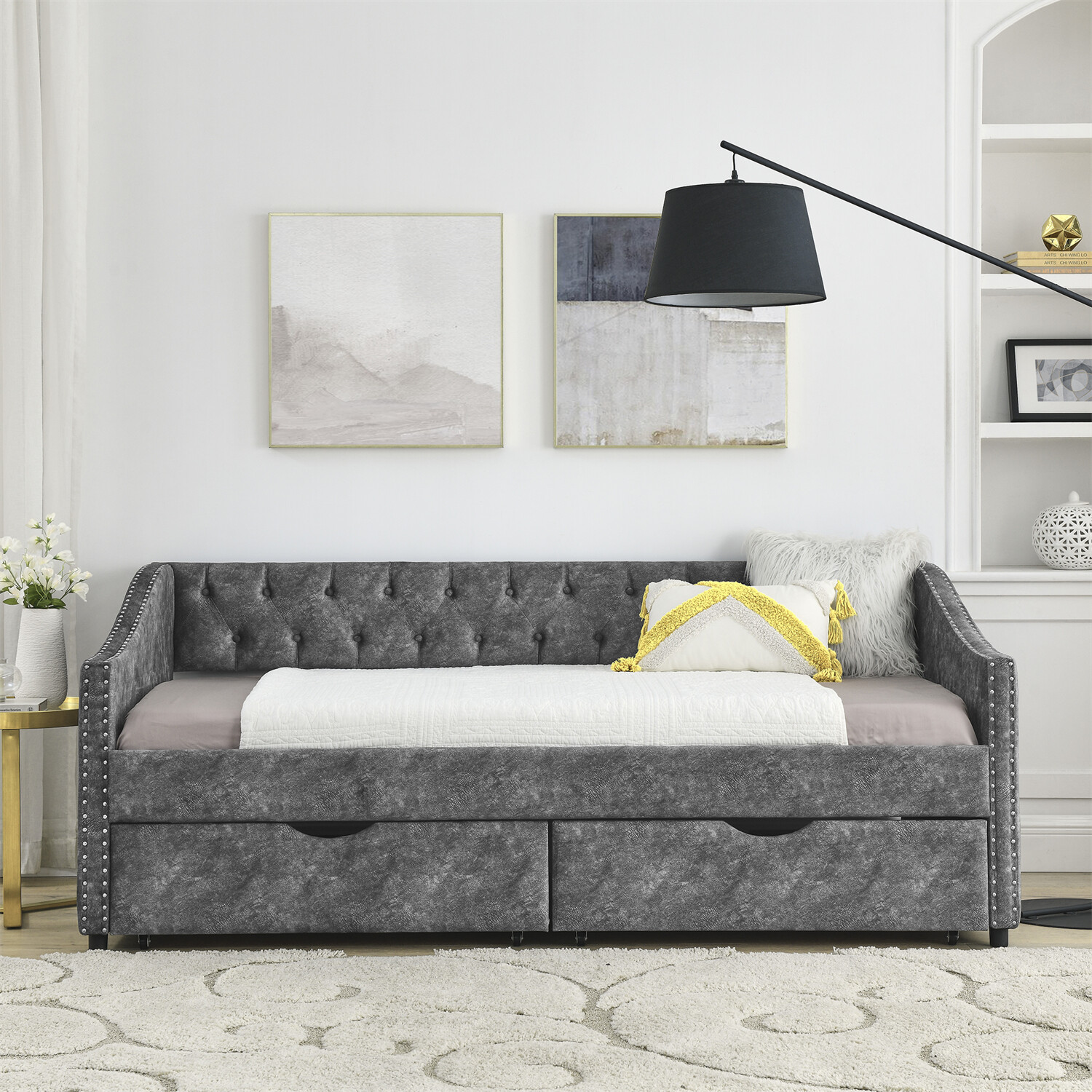 Twin Size Daybed Upholstered Bed Frame Sofa Bed with 2 Storage Drawers New
