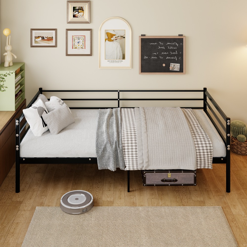 Twin Metal Loft Bed Sofa Surround Design 11.8in Safety Guardrail Space Saving