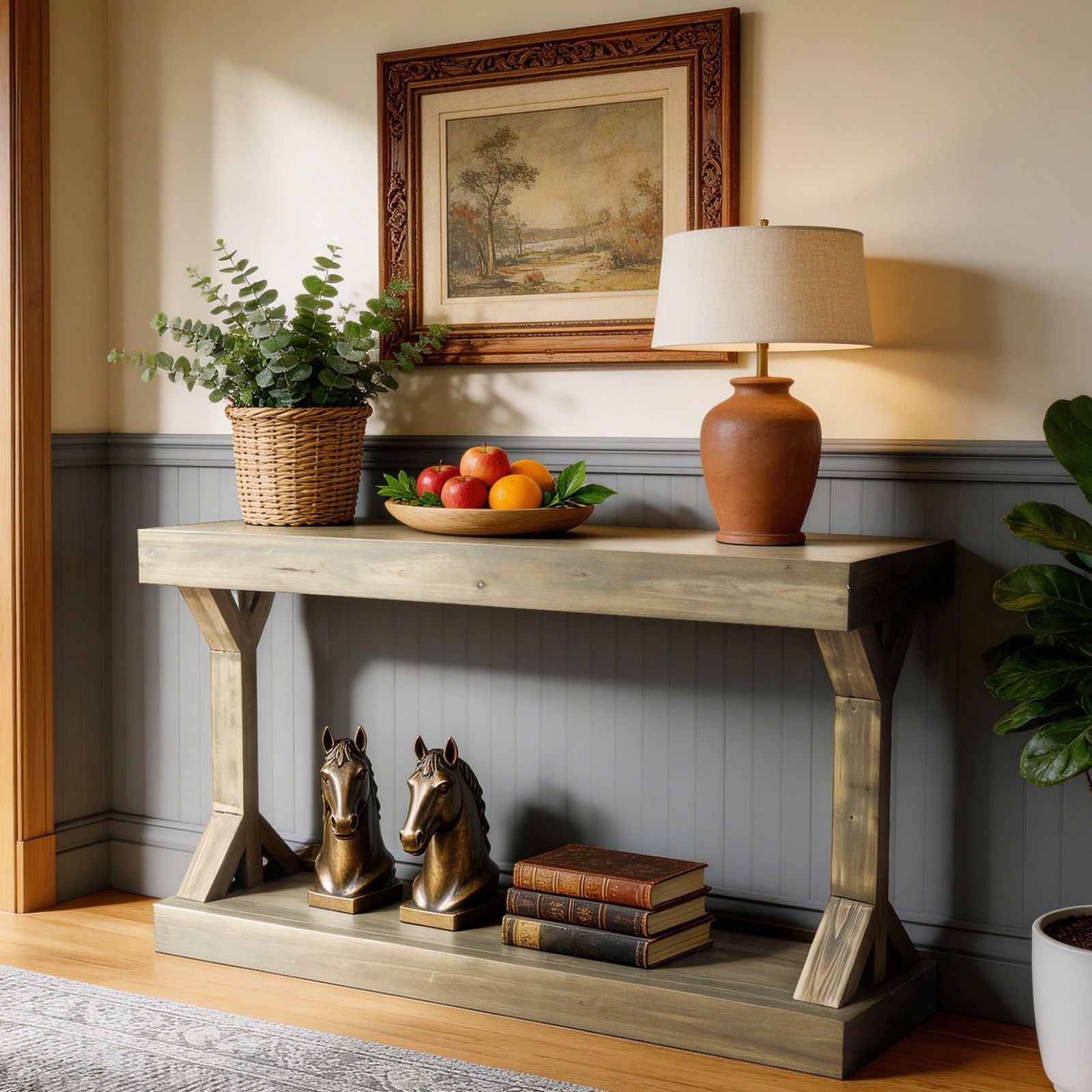 Long Solid Wood Console Table Rustic Farmhouse Entryway Sofa Table with Shelf