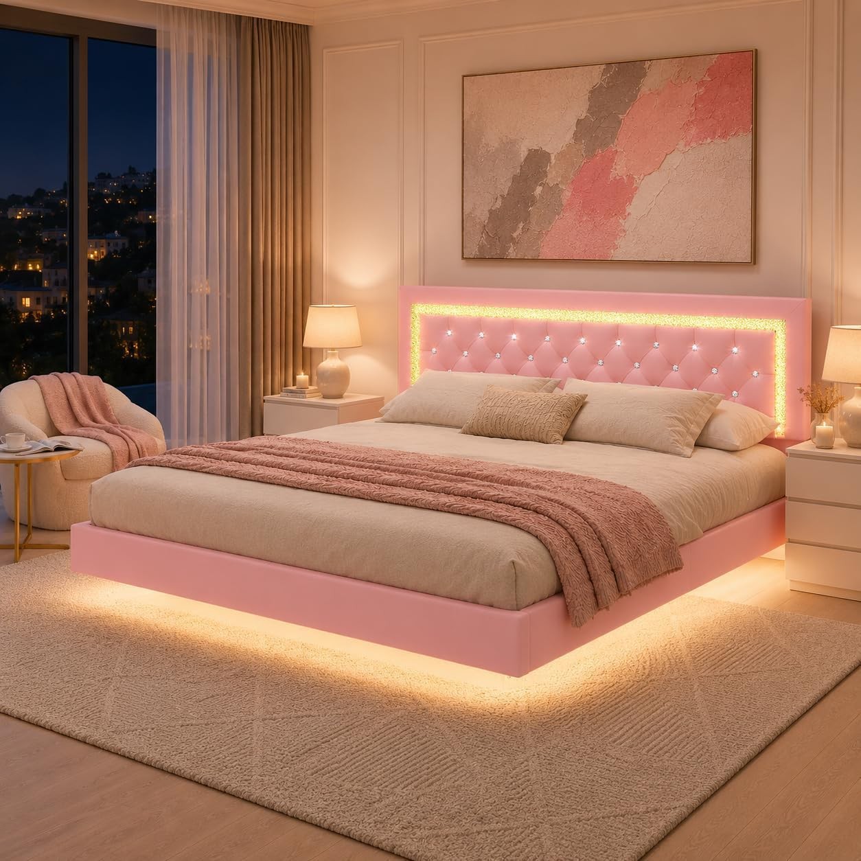Floating King Bed Frame with LED Lights Upholstered Diamond Headboard Pink