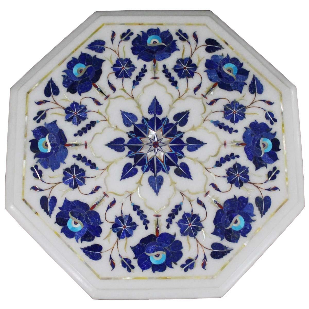 12″ Marble Table Top semi precious stones lapis inlay with wooden stand