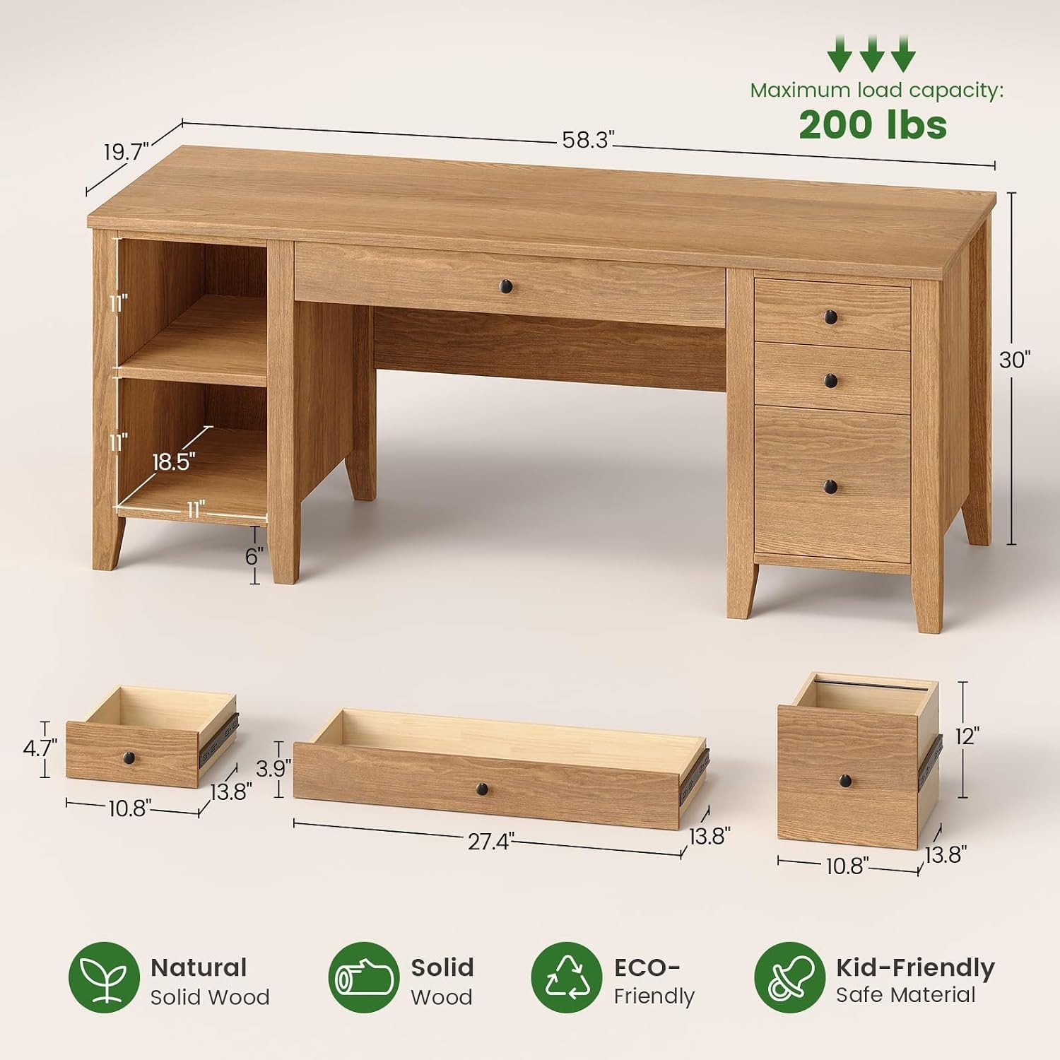 58.3″ Solid Pine Wood Computer Desk w/4 Drawers &Storage Shelves for Home Office