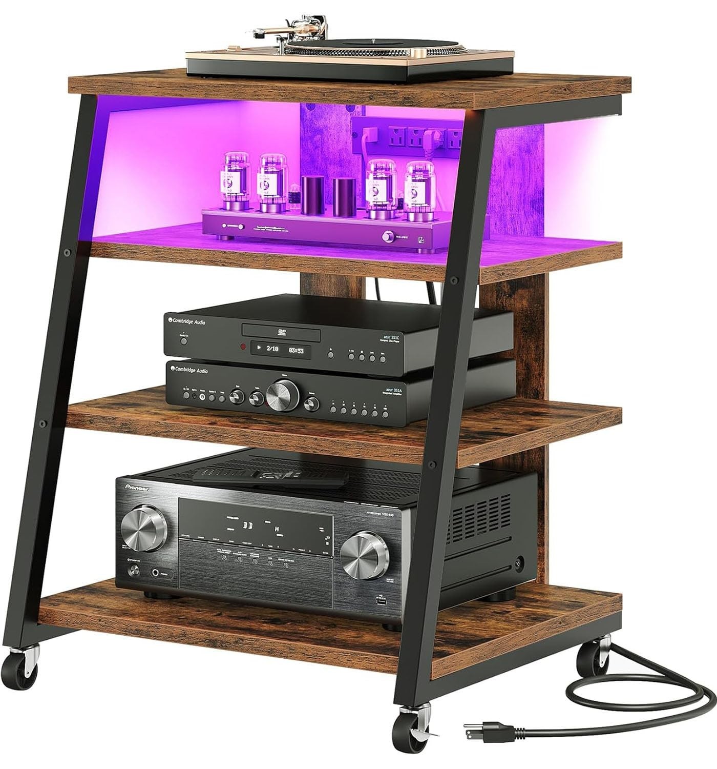 4-Tier Media Stand with Wheels, LED Lights, Power Strips, Rustic Audio Rack