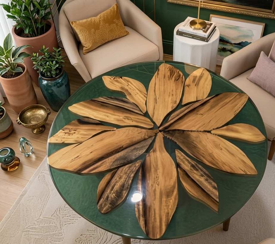 12″ Handmade Epoxy Coffee Table Natural Wood Flower Resin Design Home Decor