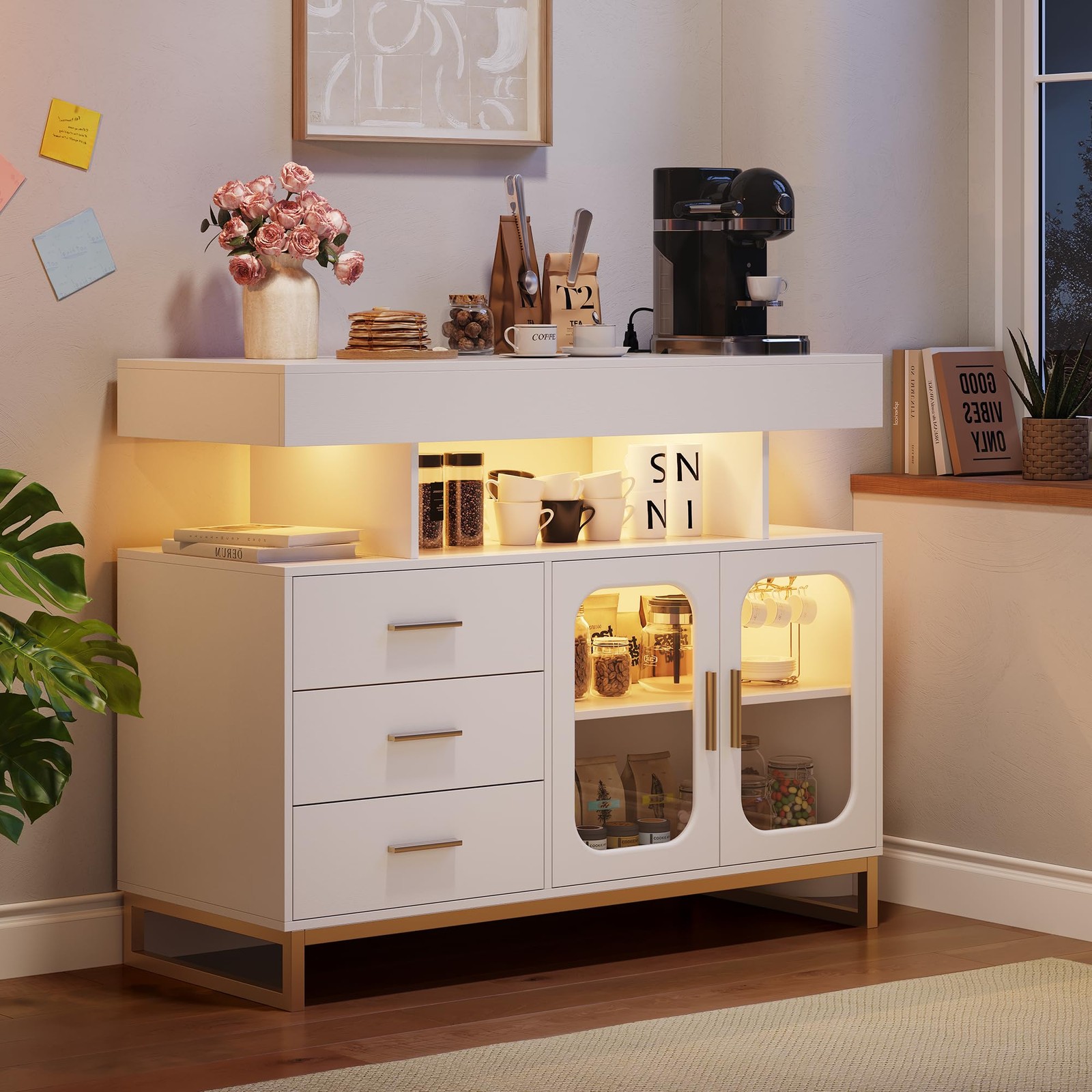 LED Buffet Cabinet Dimmable Sideboard Coffee Bar W/ Charging Station & RGB Light
