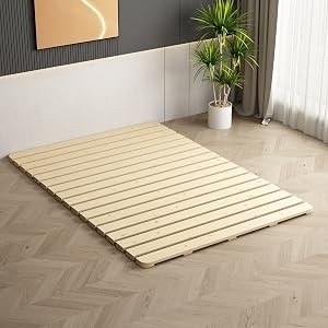 Foldable Floor Bed Frame, Breathable Wooden Roll-Up Slats Base for Japanese