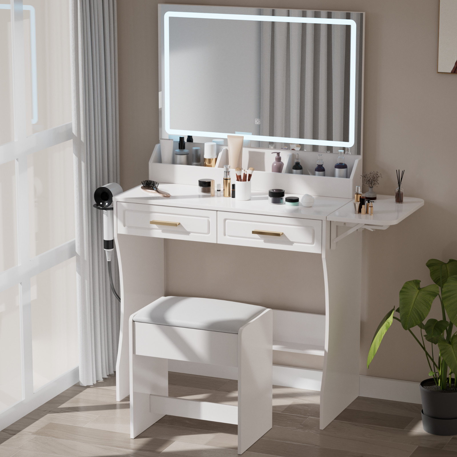 Modern White Makeup Vanity Desk with Mirror, Adjustable Lights, Storage & Stool