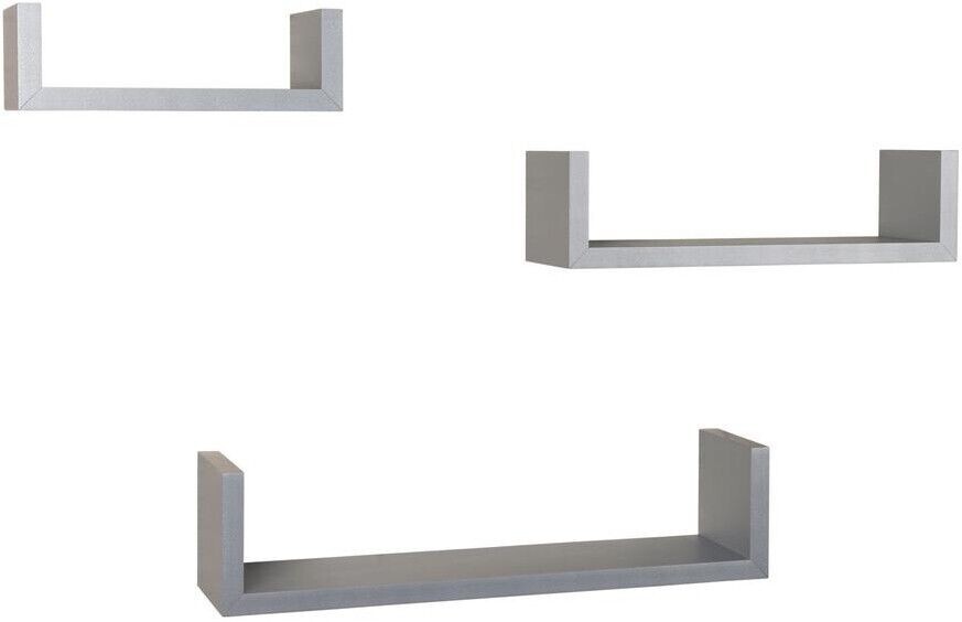 Gray U-Shaped Floating Wall Shelves ~ Set of 3, Laminated, Sturdy 22 lb Cap T-1A