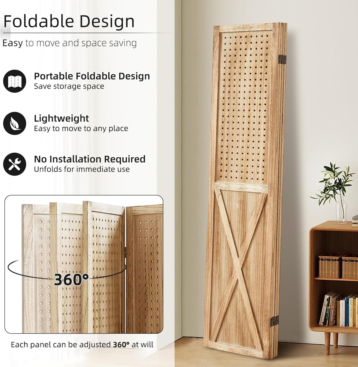 Pegboard Display 4 Panel Room Divider, Peg Board Divider Panel, 5.6Ft Wood