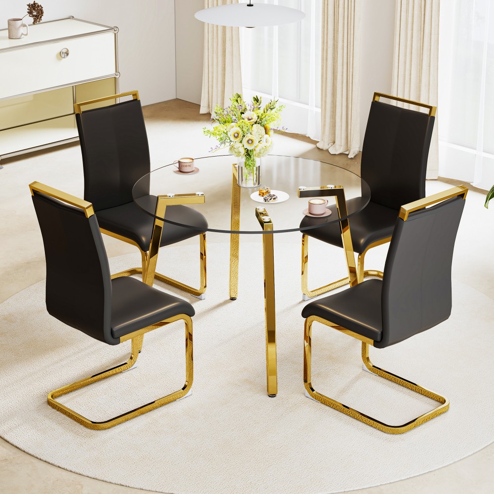 Modern Round Tempered Glass Table, Black Metal Legs, 42x42x29.5″, 1123