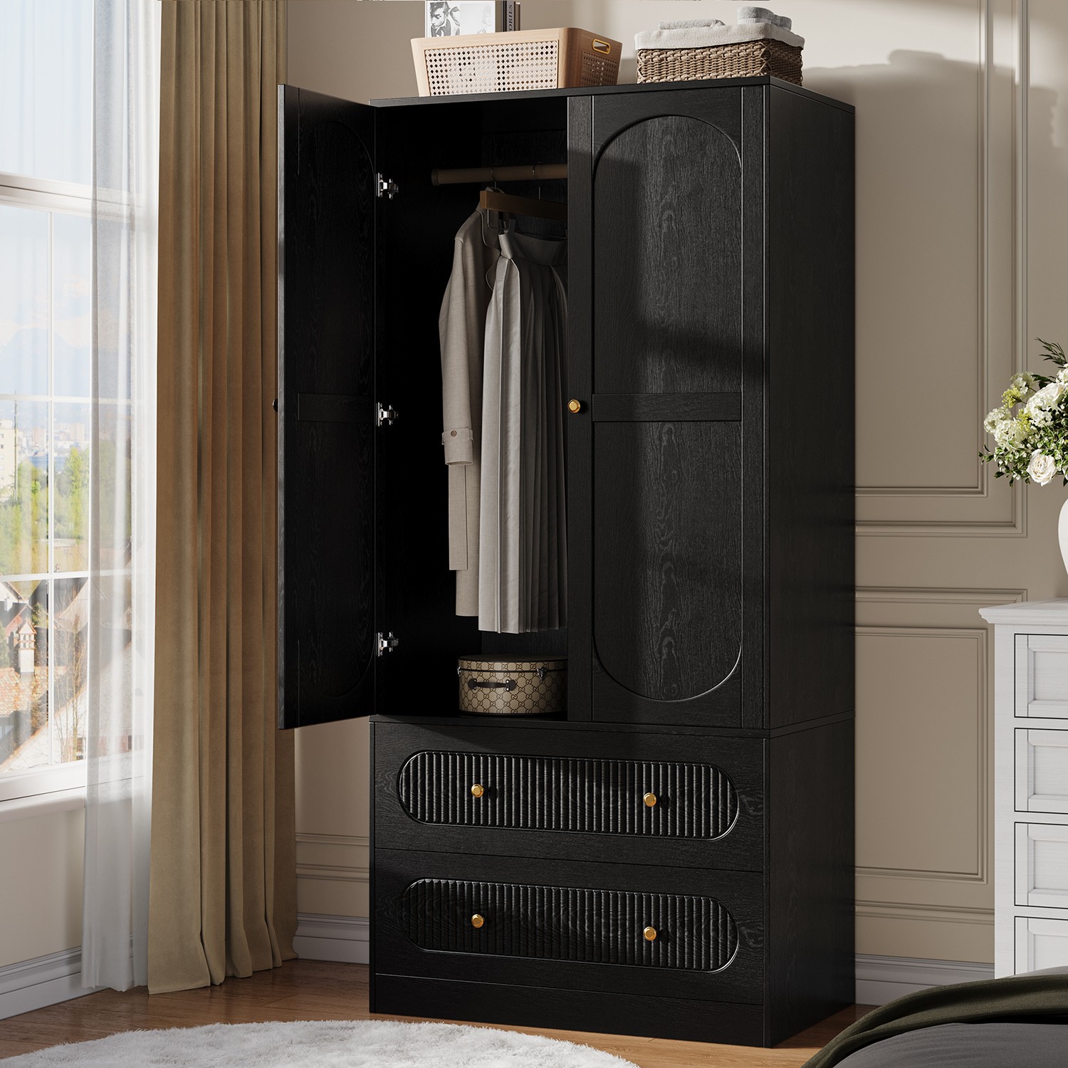 Armoire Wardrobe Closet with 2 Drawers, 69″ Height Clothing Storage Cabinet