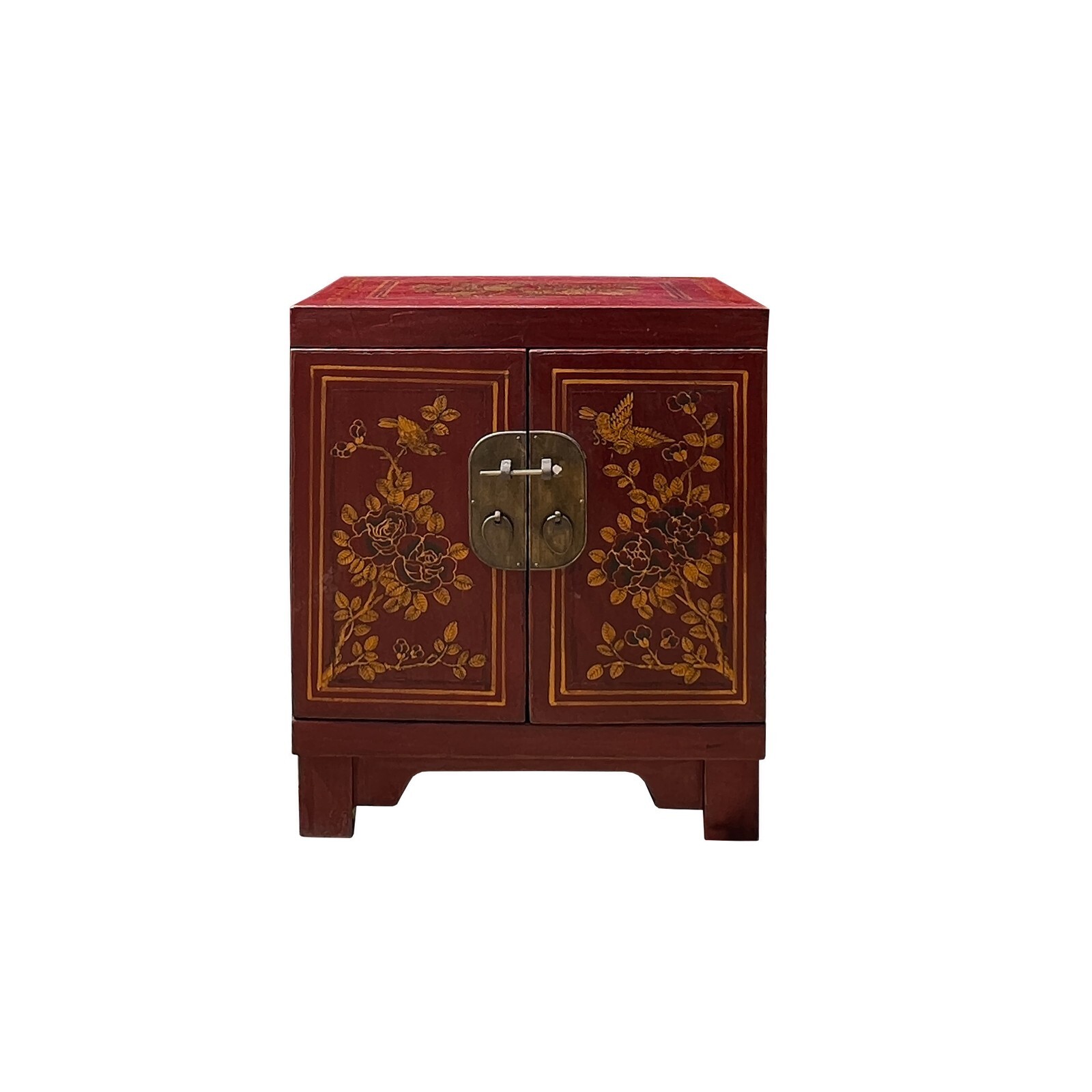 Chinese Distressed Brick Red Flower Birds Graphic End Table Nightstand cs7608