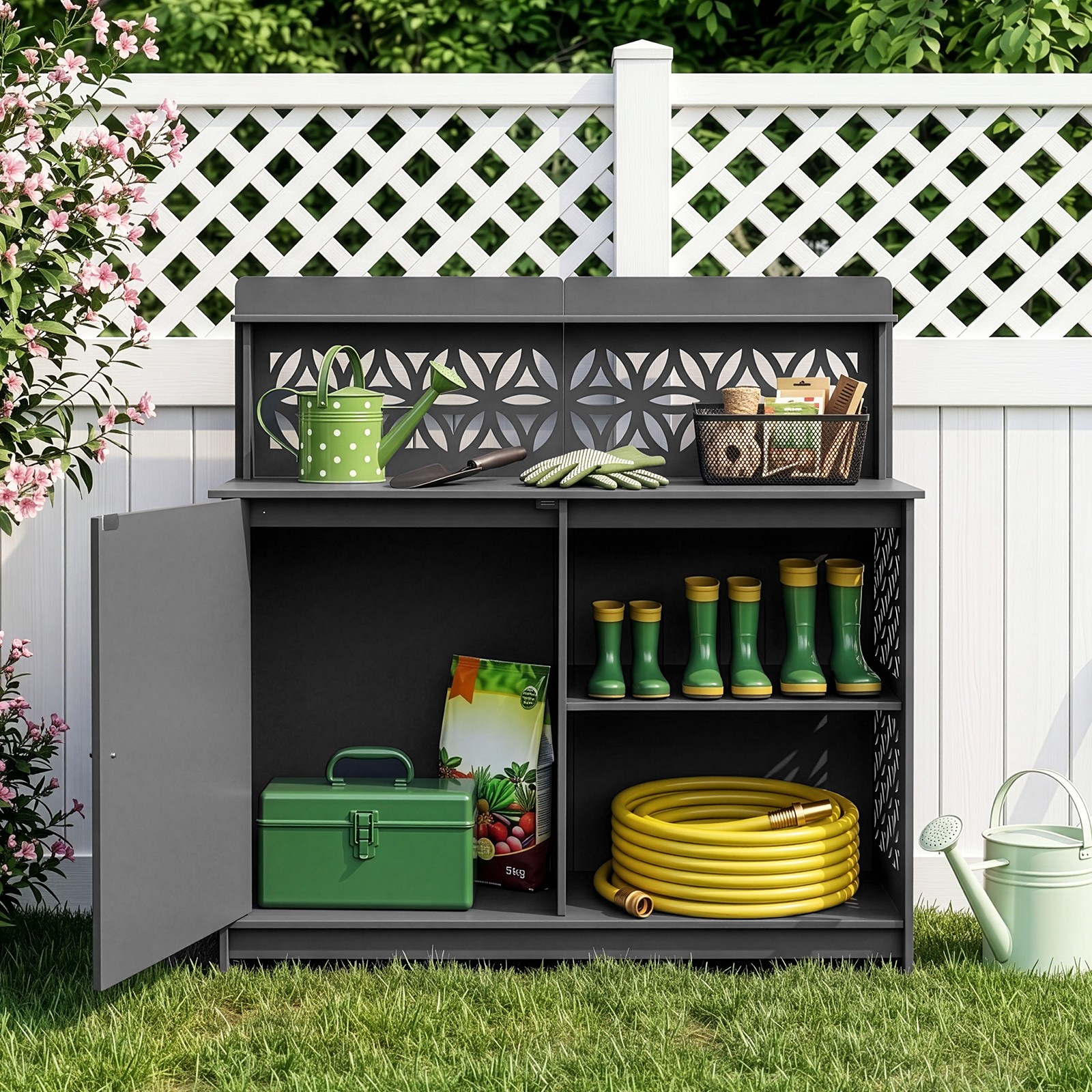 44″ Plastic Storage Cabinet, Workbench w/ Shelf, Door for In/Outdoor Garden