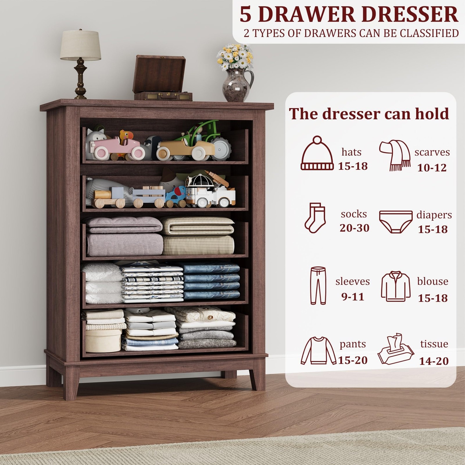 41.3 Inch Tall 5 Drawer Wooden Dresser Vertical Large Storage Bedroom Living Roo