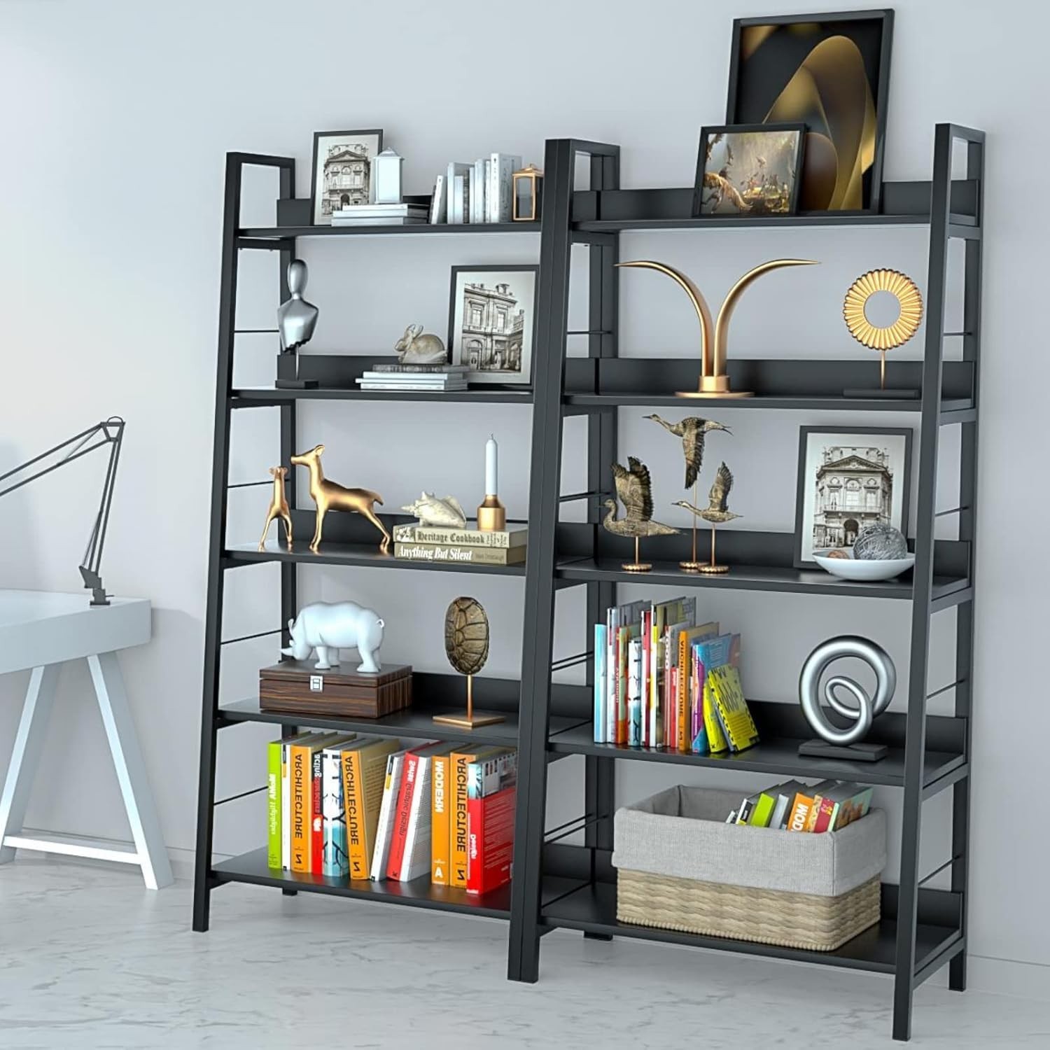 5-Tier Tall Industrial Bookshelf Wood Display Storage Rack w/Metal Frame Black~