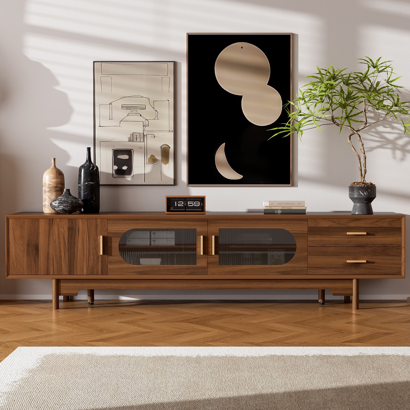 78″ TV Stand for TVs Up to 85″, Cabinet with Fluted Glass Doors & 2 Drawers