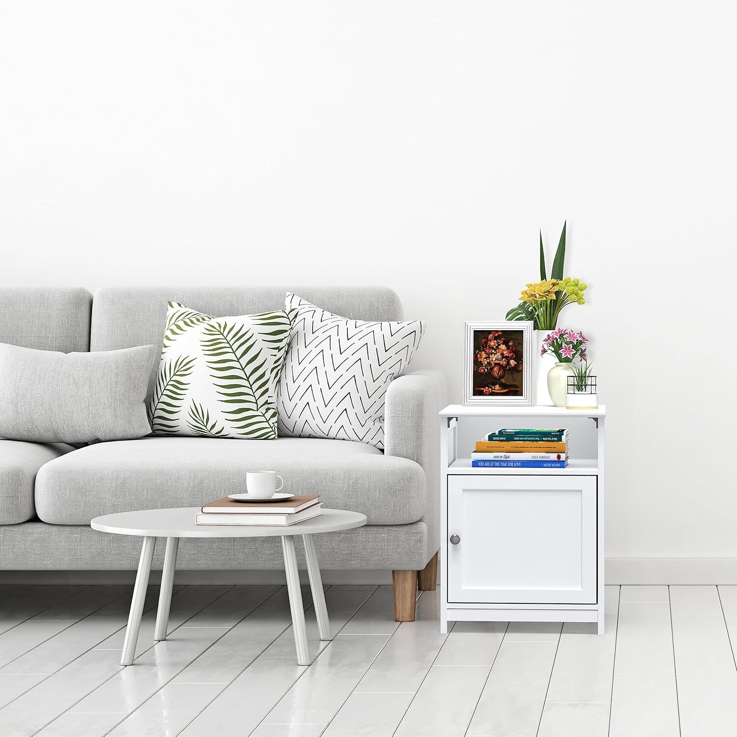 End Table with Shelf and Storage 16.25″D x 16.25″W x 21″H, White