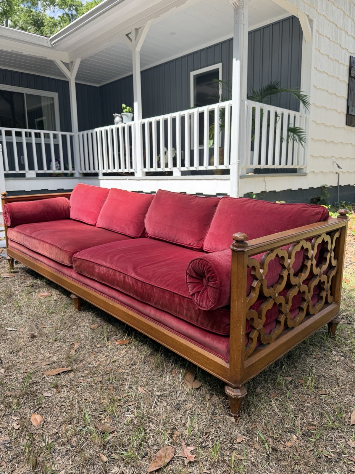 Henredon 1960s Red Velvet Sofa With Wood Frame 8ft x 35in x 25in Living Room