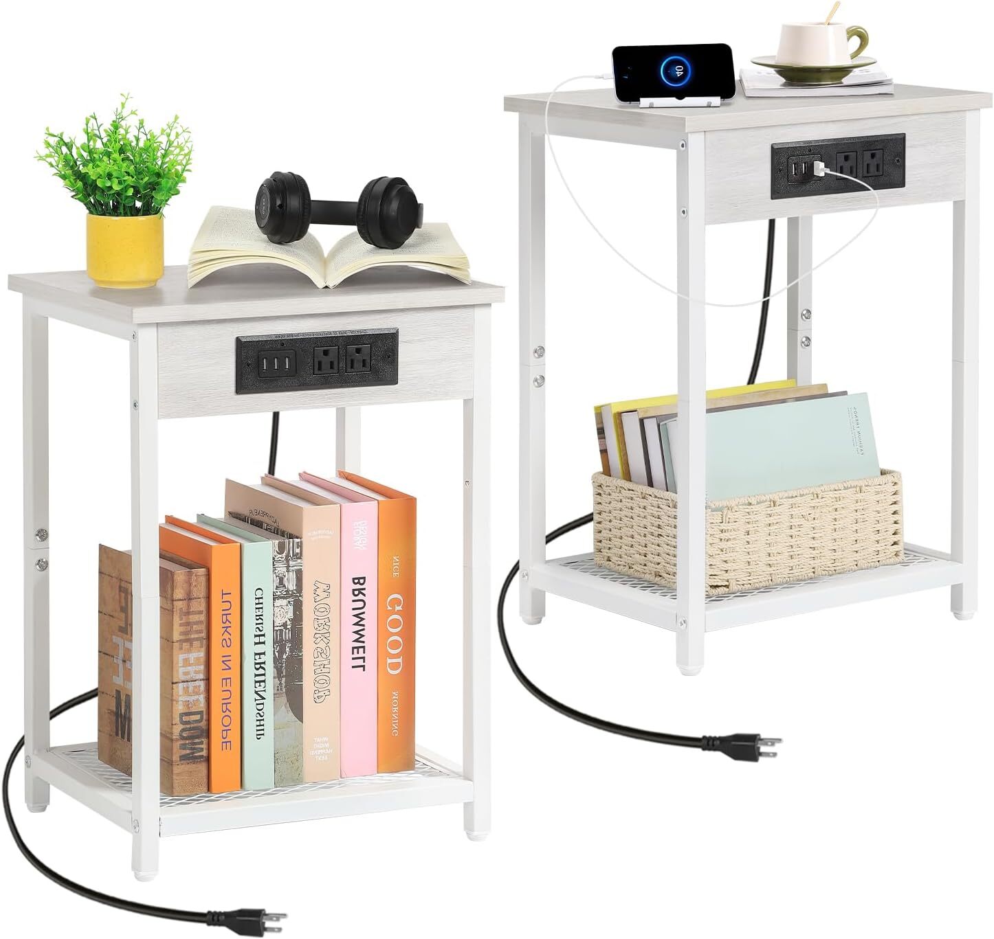 Set of 2 Nightstand Bedside Table Small End Table with Charging Station Bedroom