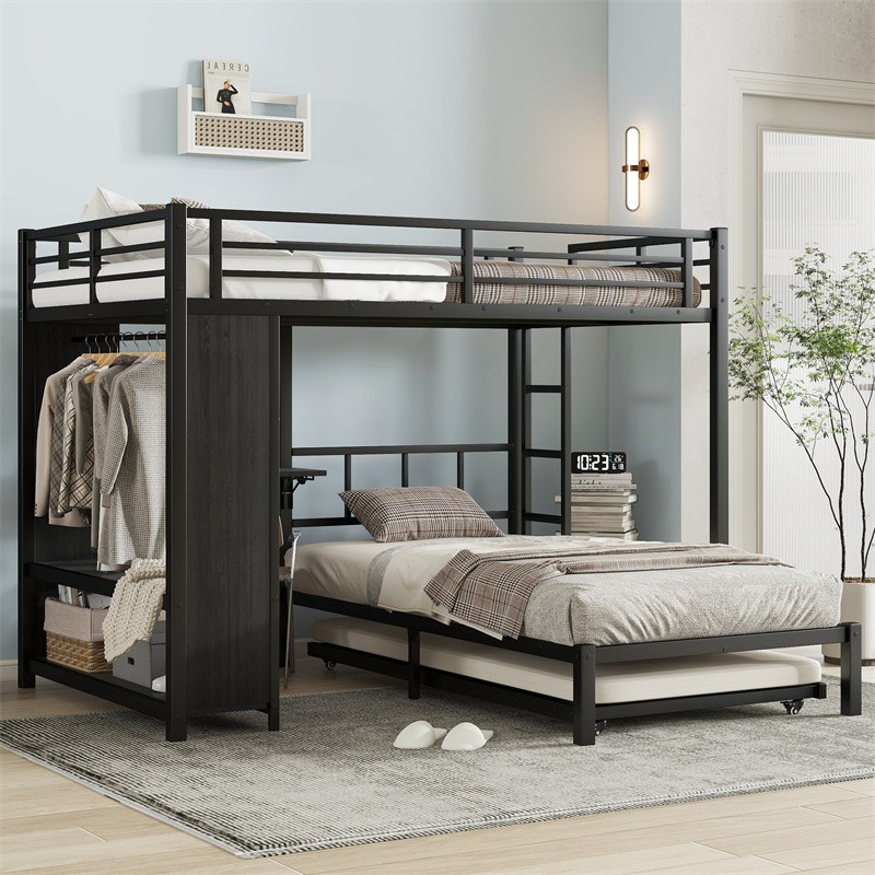 Full over Twin Bunk Bed with Built-in Wardrobe Metal Bunk Bed with Foldable Desk