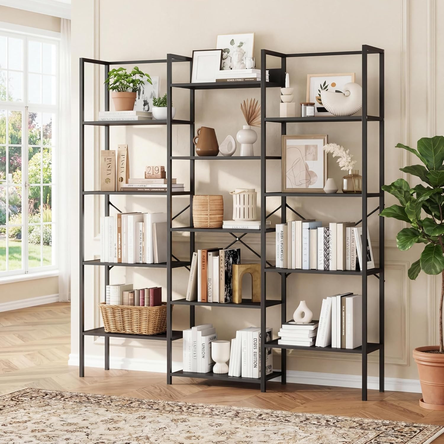 Industrial 5-Tier Triple Wide Bookshelf with Metal Frame for Home & Office